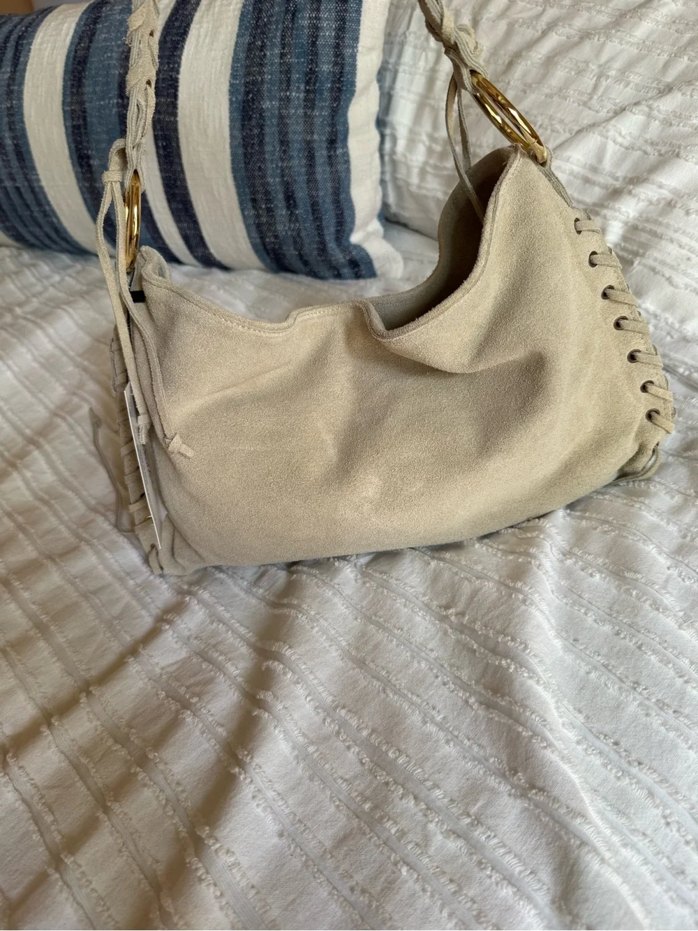 Beige Suede Shoulder Bag with Gold Rings